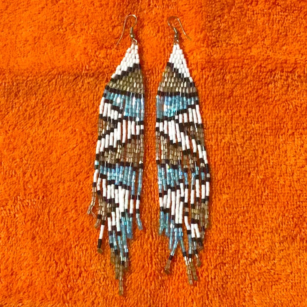 Long Blue/White/Grey Beaded Earrings